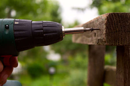Screwdriver drilling screw in wooden surface with much easeの写真素材