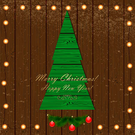 Green Christmas tree on the wooden background with garland of lightsのイラスト素材