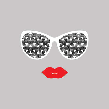 Sunglasses and lips.  Vector illustration.  Print for your T-shirts. Hipster theme. Great idea for design. Woman's faceのイラスト素材