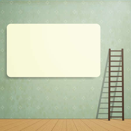 Empty blank poster on the wall  with a wooden  ladder. Wall with vintage wallpaperのイラスト素材