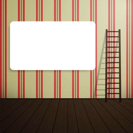 Empty blank poster on the wall with a wooden  ladder. Wall with vintage wallpaperのイラスト素材