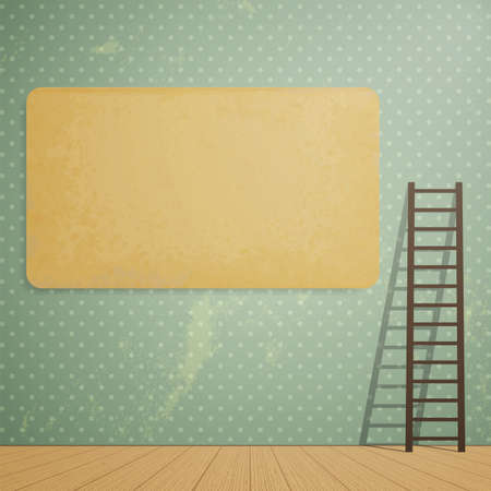 Empty blank poster on the wall with a wooden ladder. Wall with vintage wallpaperのイラスト素材