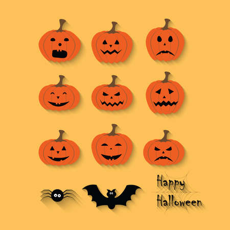 Set of Halloween pumpkins, spider, bat, web. Happy Halloween. Vectorのイラスト素材