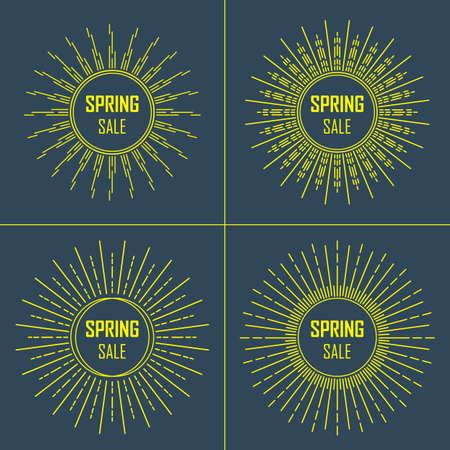 Spring sale. Set of cards with vintage handdrawn sunbursts in different shapes. Vector illustrationのイラスト素材
