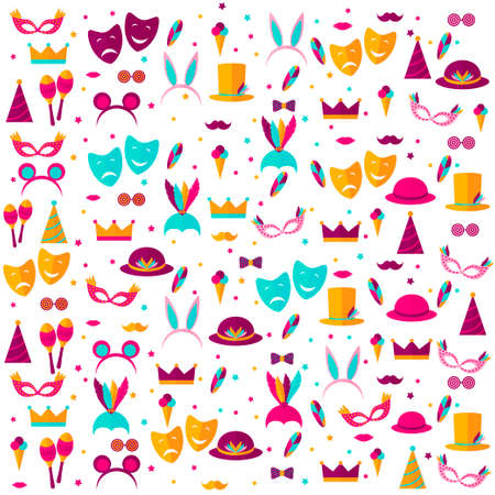 Pattern with elements of a holiday and carnival. Carnival poster, banner with bright party elements - mask, hat, feather, lips, mustache, ice cream, crown, confetti. The concept of the festival.のイラスト素材