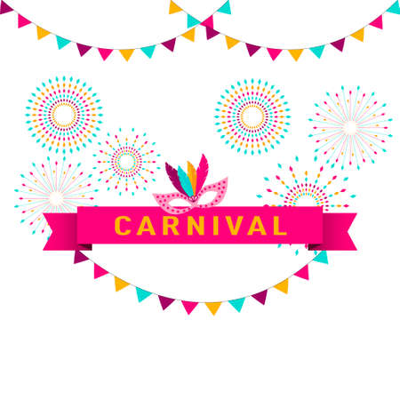 Carnival poster, banner with colorful party elements - fireworks, confetti, stars and splashes, festival concept design.のイラスト素材