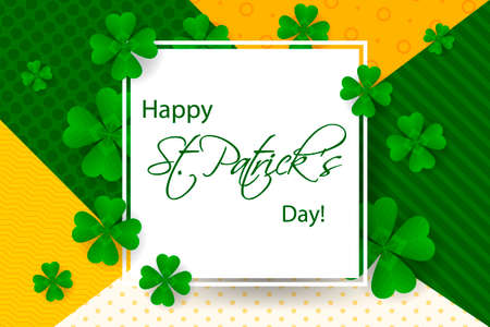 Happy Saint Patrick's day background, greeting card with green and gold four and tree leaf clovers, modern geometric template, trendy art design vector illustration.のイラスト素材