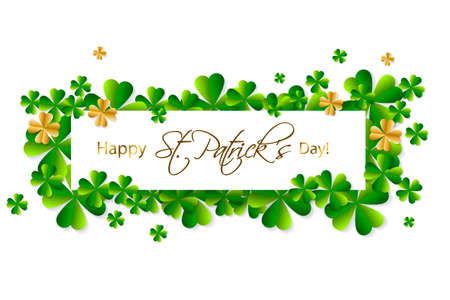 Happy Saint Patrick's Day background, greeting card with green and gold four and tree leaf clovers, white paper art design. Vector illustration.のイラスト素材