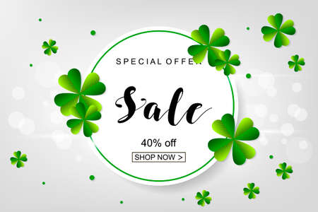 Happy Saint Patrick's Day background, greeting card with green and gold four and tree leaf clovers, white paper art design. Vector illustration.のイラスト素材