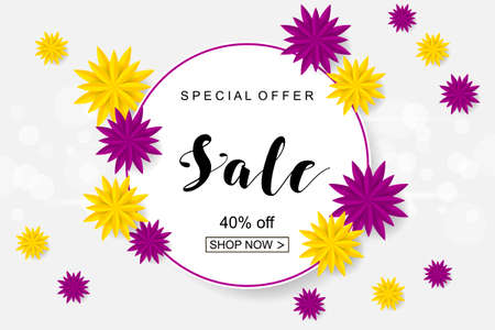 Advertising poster with yellow and green paper cut flowers.のイラスト素材