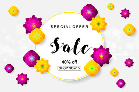 Advertising poster with yellow and green paper cut flowers.のイラスト素材