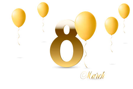 March 8 creative poster on a white background. Number 8 in gold and festive air balloons. International Women's day vector illustration.のイラスト素材