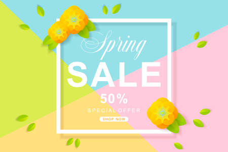 Spring Sale poster with flower and leaves decoration.のイラスト素材