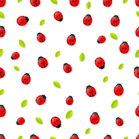 Red Ladybugs and leaves seamless pattern isolated on white background. Vector illustrationのイラスト素材