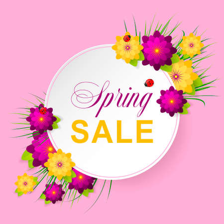 Spring sale background with beautiful flowers. Ladybug. Vector illustrationのイラスト素材