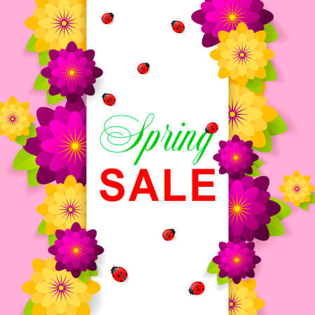Spring sale background with beautiful flowers. Ladybug. Vector illustrationのイラスト素材