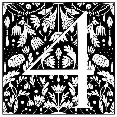 Vintage retro illustration in an engraving style of the number four, flowers, branches and leaves. Art Nouveau and art Deco style. Symmetrical image with a black and white outline contourのイラスト素材