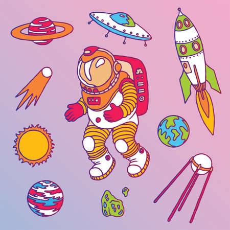 Set of galaxy cosmic elements astronaut, earth, satellite, comet, planet, sun, rocket and meteorite univerce vector cartoon illustration space cosmosのイラスト素材