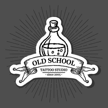 Old school tattoo logo with bottle icon, sun and engraving ribbon with outline and shadow in classic black and white retro styleのイラスト素材
