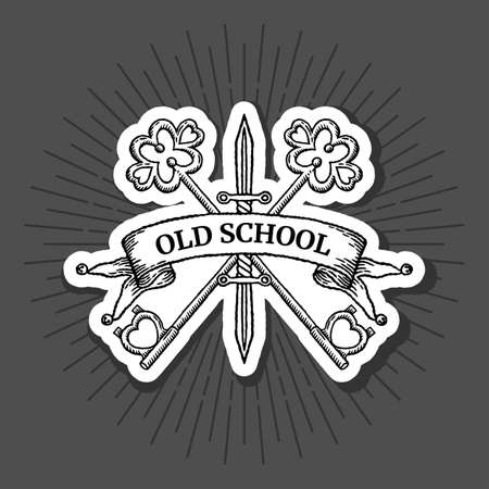Old school tattoo logo with key and knife with outline and shadow in classic black and white retro styleのイラスト素材