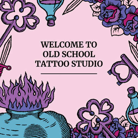 Social media template in old school tattoo style with bottle, heart, key, knife, roses in modern bright colored green, blue, pink and violet retro styleのイラスト素材
