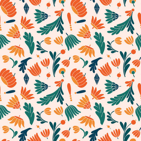Modern colored seamless violet pattern with flowers and geometric elements. Green, orange, and...