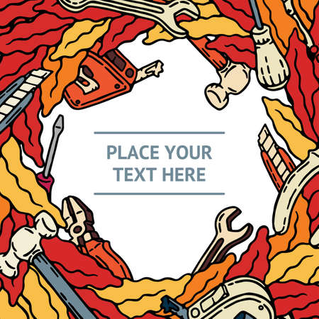 Professional labor builder and worker day social media template. Work Day. Hand drawn yellow and orange wreath with the screwdriver, office knife, spanner, hammer, tape measure and pliersのイラスト素材