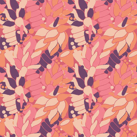 Modern colored seamless pastel pattern with flowers and geometric elements. Purple, orange, pink and...