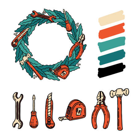 Professional labor builder and worker day set. Work Day. Hand drawn blue and green wreath with the set of construction tools with screwdriver, office knife, spanner, hammer, tape measure and pliersのイラスト素材