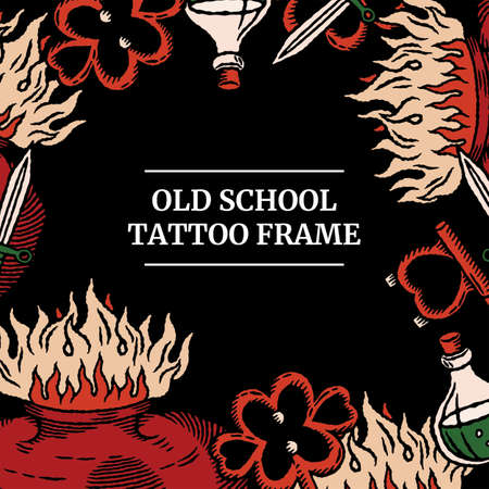 Old school tattoo social media banner with heart, bottle icon, knife, key with header in classic retro style.のイラスト素材
