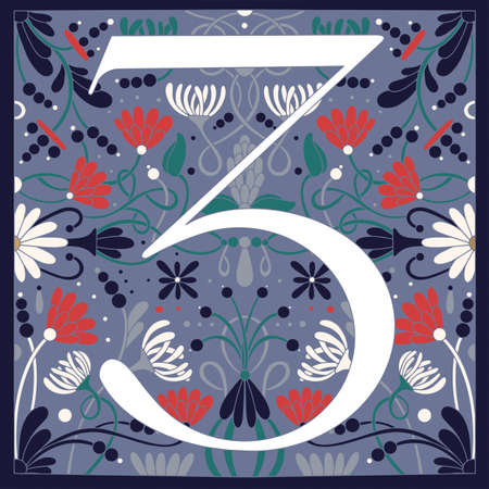Vintage retro illustration set in modern style of the number three, flowers, branches and leaves. Art Nouveau and art Deco style. Symmetrical image with blue, red, green and white colorsのイラスト素材