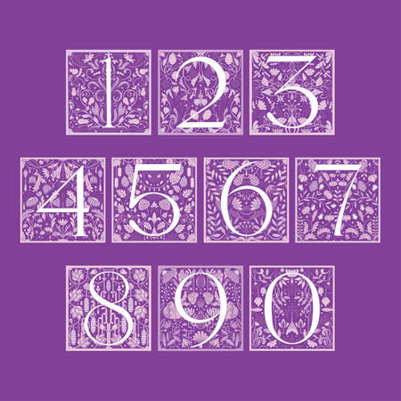 Vintage retro illustration set of arabic numbers alphabet in modern style, flowers, branches and leaves. Art Nouveau and art Deco style. Symmetrical backgrounds with white, pink, violet colorsのイラスト素材