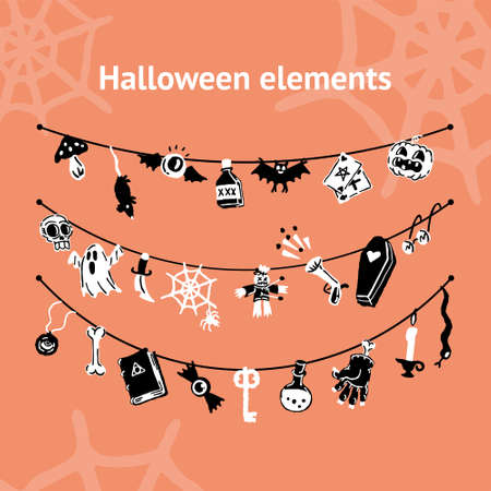 Halloween party set of magic elements. Magic hat, bat, skull, candle, pumpkin, magic ball, playing cards, ghost, snake, mushroom, poison, knife, web, spider, eye, bone, magic book, candleのイラスト素材