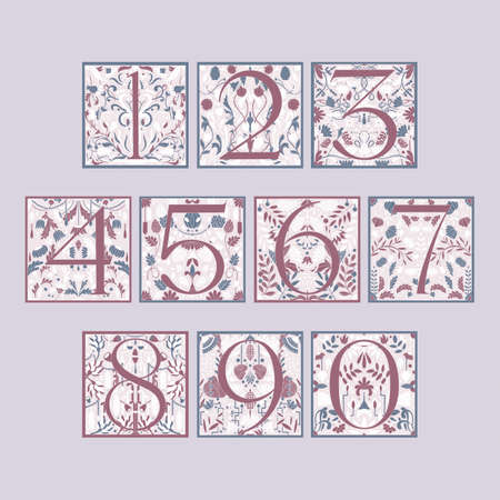 Vintage retro illustration set of Arabic numbers alphabet in modern style, flowers, branches and leaves. Art Nouveau and art Deco style. Symmetrical backgrounds with blue and purple colorsのイラスト素材