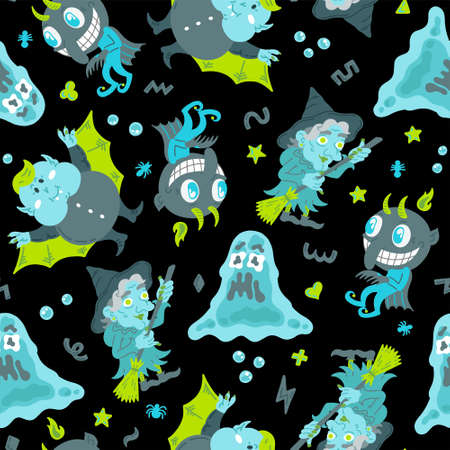 Halloween Doodle Character Seamless Pattern. Hand-drawn vector illustration with Witch with a Broom, Cute Vampire, Slime Slug and Little Devil. Mystery, For background, wallpaper, fabric, paperのイラスト素材