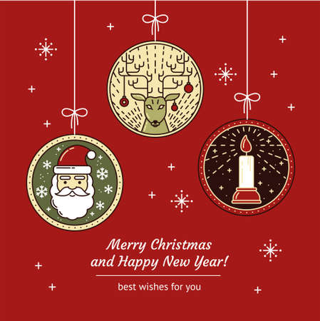 Merry Christmas Greeting Card with Line Art Santa Claus, Reindeer, Christmas Toys, Candle and Festive Red Background. Outline New Year greetind card or invitationのイラスト素材