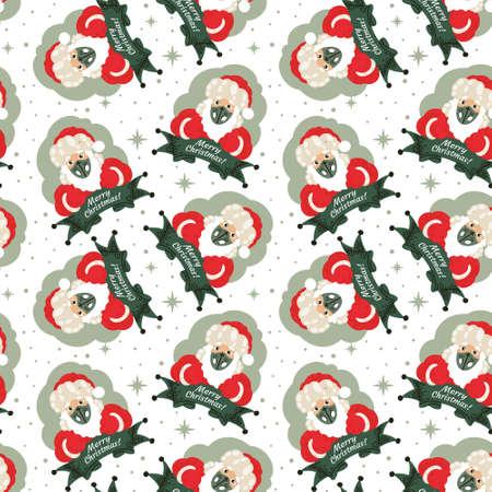 Isolated Christmas Seamless Pattern of Santa Claus in a Medical Mask with a Beard, Hat and New Year Costume with Ribbon. For Wrapping Paper, Background, Gifts to Covid-19 periodのイラスト素材