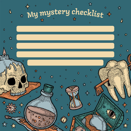 Checklist for Young Wizard. Magic Element and a Place to Write. Skull with Candle, Mystical Phial with Potion or Poison, Wooden Chest, Globe, Tooth with Keyhole and Key, Hourglass, Stars, Sun and Moonのイラスト素材