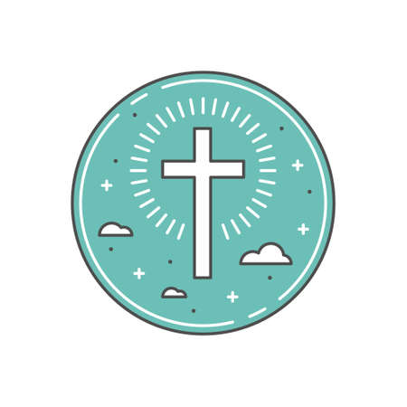 Simple Linear Easter icon of Christian Cross Symbol with Shining Rays and Memphis Design Elements, Crosses and Dotsのイラスト素材