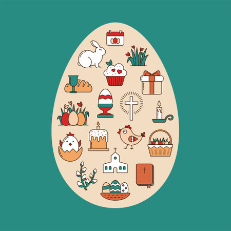 Set of linear Easter icons Painted in Pastel Colors in the Shape of an Eggのイラスト素材