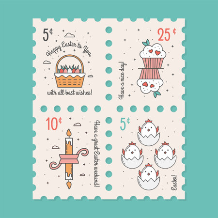 Easter Postage Stamp Set in Pastel colors with Greetings and Memphis Design Elements. Basket with Eggs and Grass, Holiday Cupcakes, Candle on a stand, Chickens in a Shellのイラスト素材