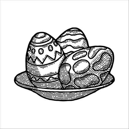 Rustic Easter Plate with Colored Eggs as Vector Image. Traditional Christian Symbol of Easter. Image in Retro and Boho Style with Engraving and Monochrome. Cute Patterns and Wooden Deep Plateのイラスト素材