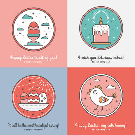 Set of Easter Elements Collection of Templates for Postcard, Gift Tag, Mail Letterhead, Web Design and Advertising with Copyspace. Cute Easter Celebration Symbols Drawn in Linear styleのイラスト素材