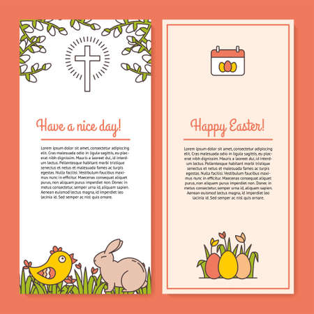 Set of Easter Elements Collection of Templates for Banner, Mail Letterhead, Newsletter, Layout, Web Design and Advertising with Copyspace. Cute Easter Celebration Symbols Drawn in Linear styleのイラスト素材