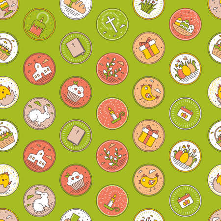 Seamless Pattern of Linear Easter Icons and Spring Holiday Elements. Simple Images with a Stroke in Pastel Colorsのイラスト素材