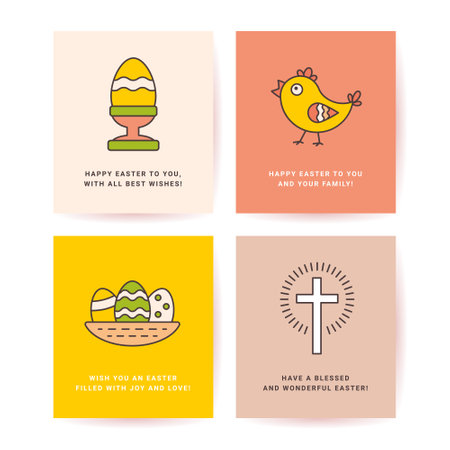 Easter Set of Postcards, Gift Tags, Web Banner Templates Drawn in a Linear style with a Stroke. Christian Symbol Cross with Rays, Egg on a Stand, Baby Chicken with Copyspase for Textのイラスト素材