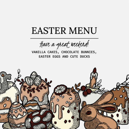 Rustic Easter menu as vector image with Russian Traditional Easter Cake Kulich and Colored Eggs with Patternsのイラスト素材