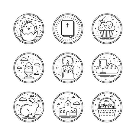 Set of linear Easter icons, cute symbols of Easter celebration with Baby Chicken, Easter Cake, Candle, Bunny and Basket with Colored Eggs. Elements of Memphis Design with Crosses, Dots and Cloudsのイラスト素材