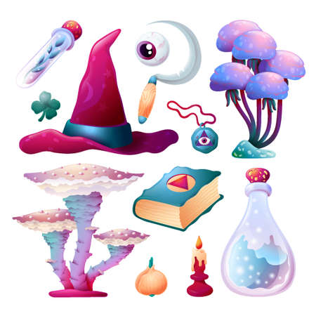 Set of witchcraft accessories with mushrooms vector illustration. Alchemy Collection with Magic Hat, Glass Poison Bottle, Sickle, Wizard Book, Candle, Eye and Test Tube. For Cartoon Game Conceptのイラスト素材