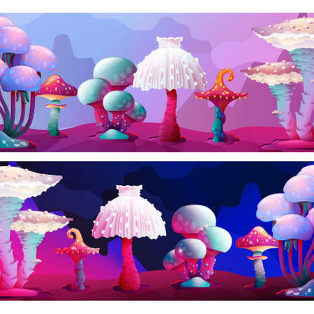 Cute Colorful Fantasy Magic Mushrooms Border Landscape Set. Fungus and Unrealistic Uneartly Alien Botany with Luminous Caps. For Game Scene Concept, Cartoon Background, Birthday Party Invitation.のイラスト素材